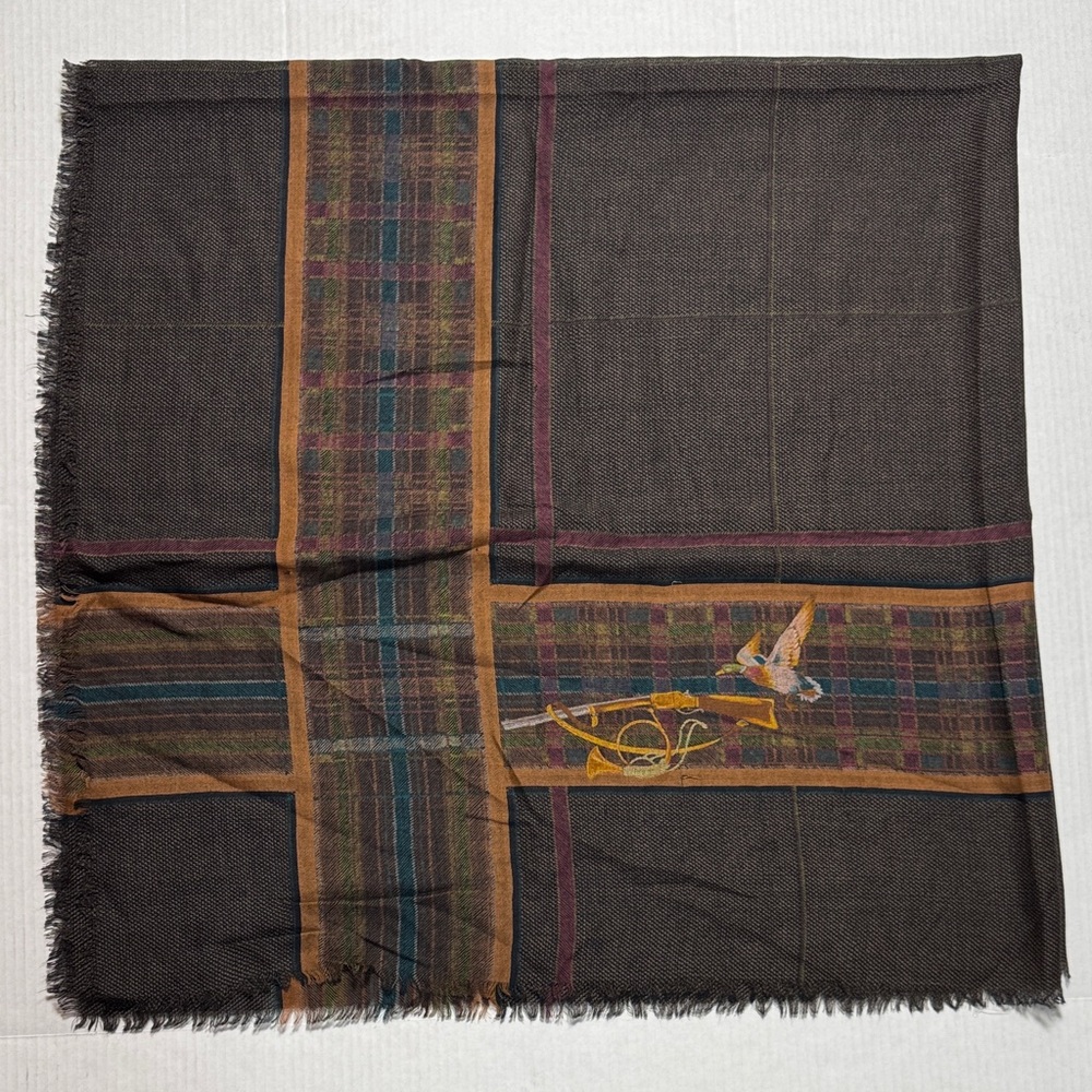 MANTERO Vintage Silk Wool Plaid Brown Scarf Hunting Rifle Bird Design Preppy 52"